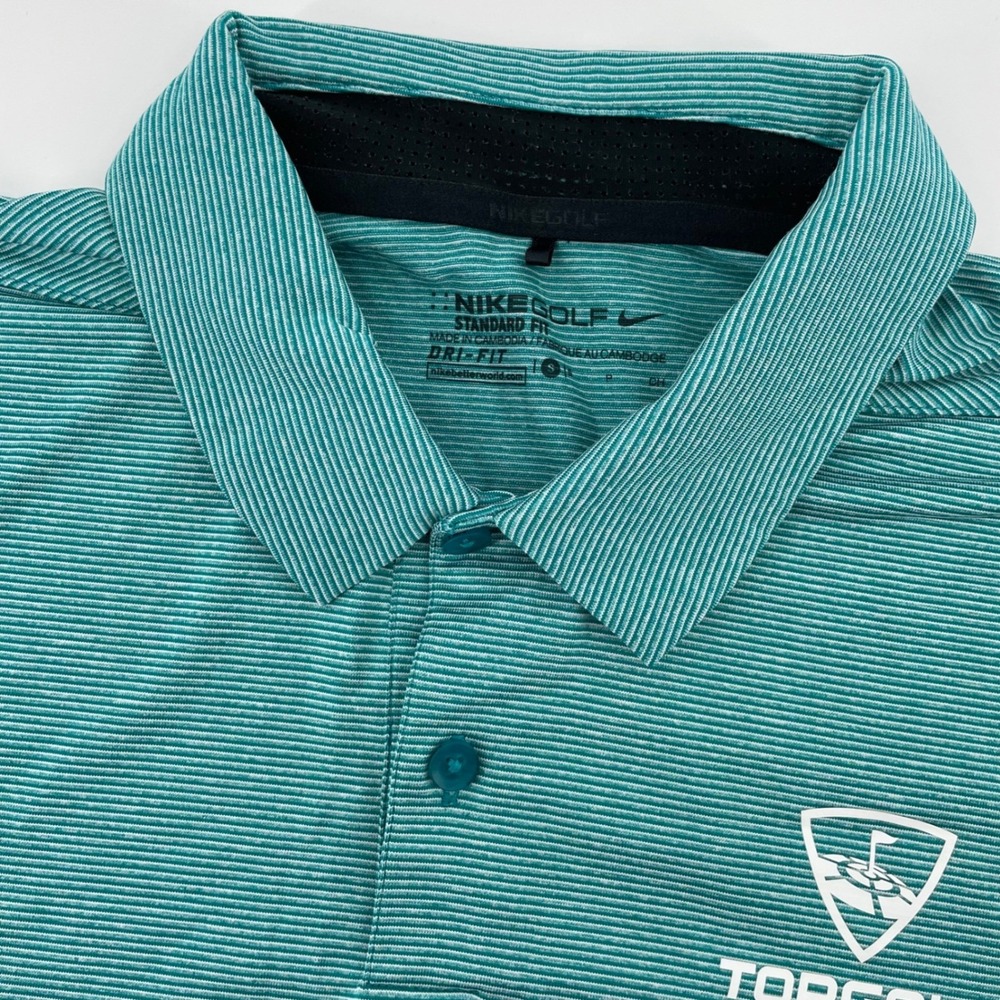 Nike Golf Dri-FIT Polo Shirt Men's Size Small Teal Green Striped Topgolf Logo